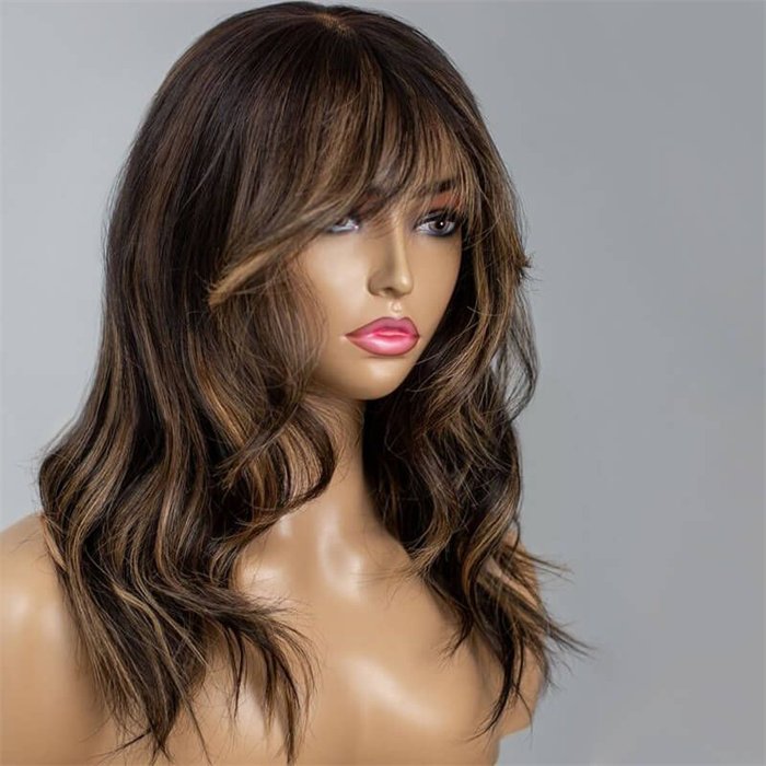 wholesale BLONDE HIGHLIGHT CURTAIN BANGS WAVY 13X4 LACE FRONT WIG