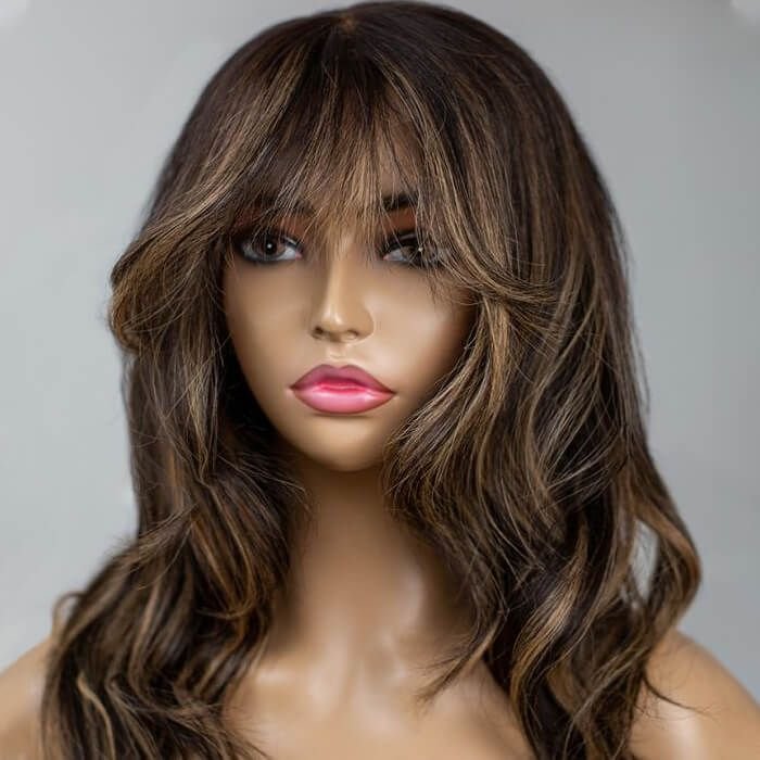 wholesale BLONDE HIGHLIGHT CURTAIN BANGS WAVY 13X4 LACE FRONT WIG
