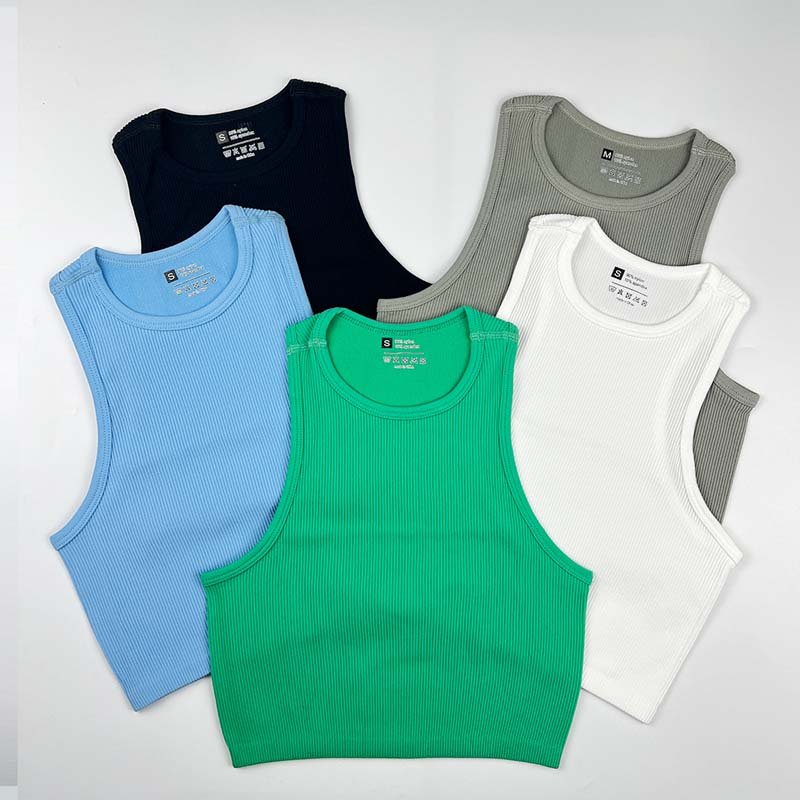 Cropped Women's Solid T-shirt Tank Top Seamless Streetwear Stretch Rib Knit Sleeveless Casual Tank Top Women