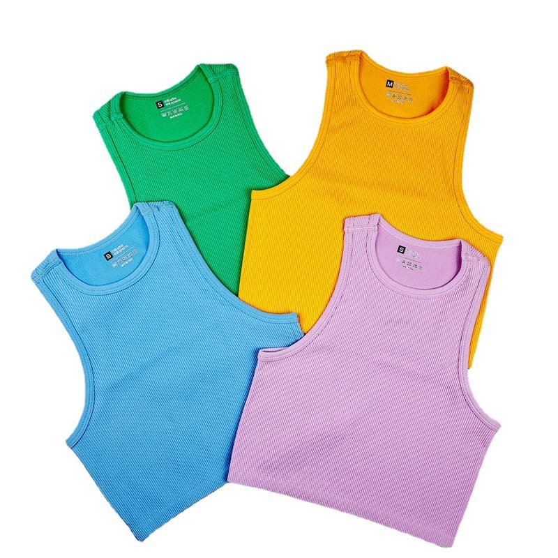 Cropped Women's Solid T-shirt Tank Top Seamless Streetwear Stretch Rib Knit Sleeveless Casual Tank Top Women