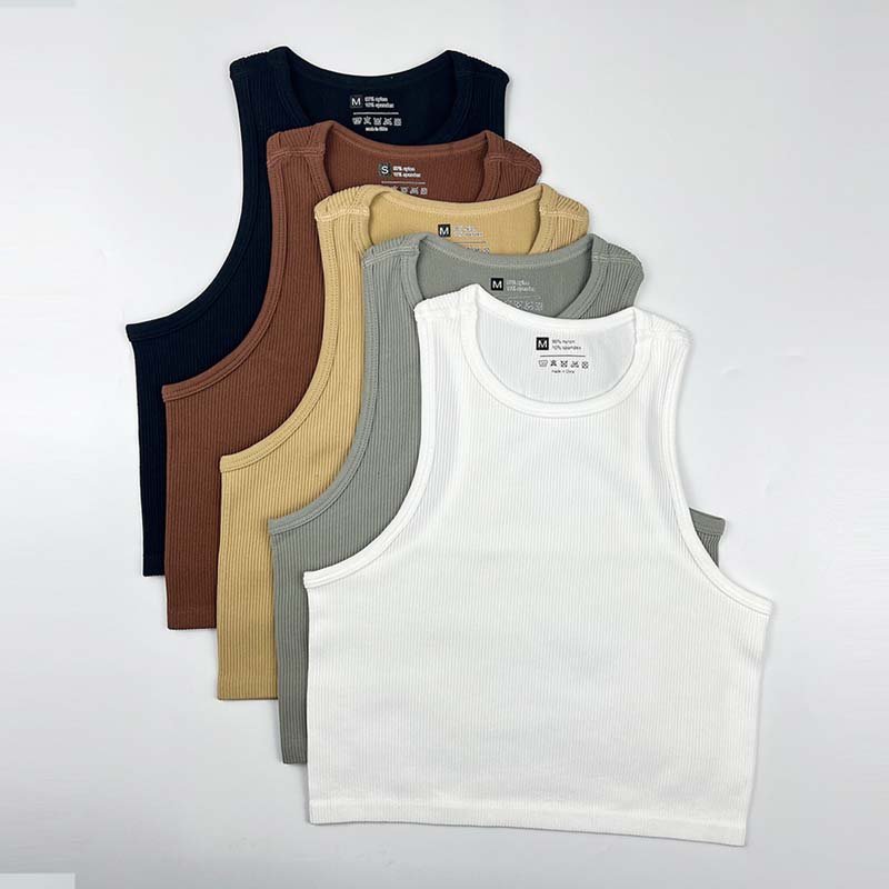 Cropped Women's Solid T-shirt Tank Top Seamless Streetwear Stretch Rib Knit Sleeveless Casual Tank Top Women