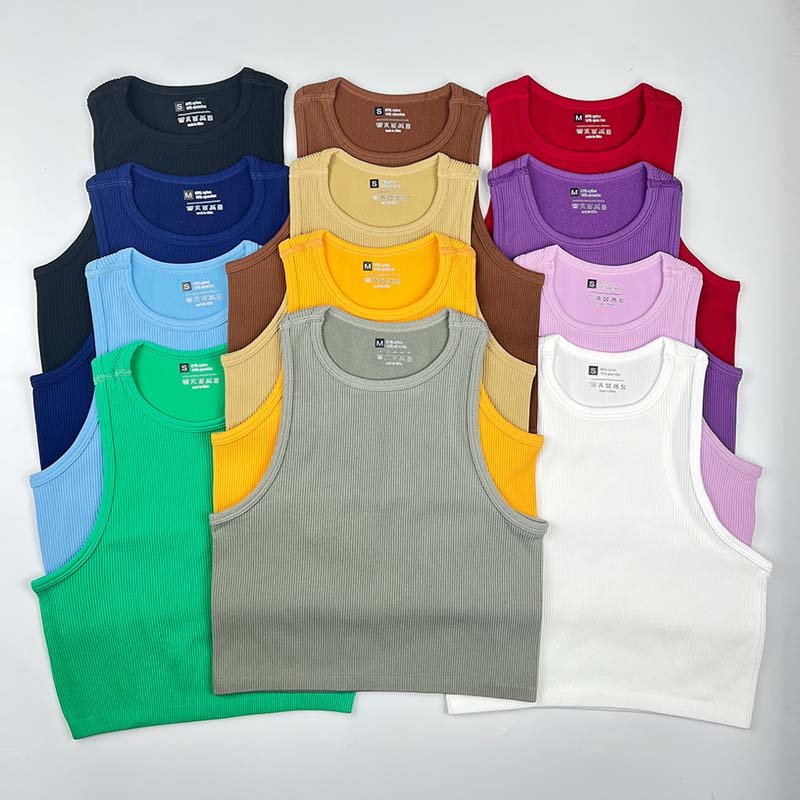 Cropped Women's Solid T-shirt Tank Top Seamless Streetwear Stretch Rib Knit Sleeveless Casual Tank Top Women