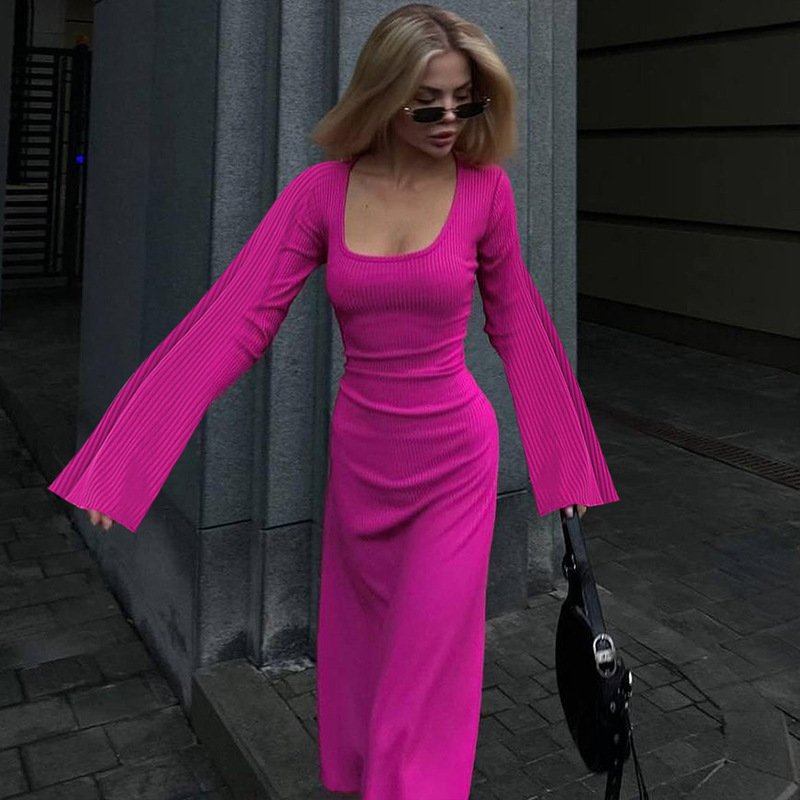 Women's Dresses Autumn Fashion Casual Loose U-neck Back Strap Long Sleeved Dress for Women