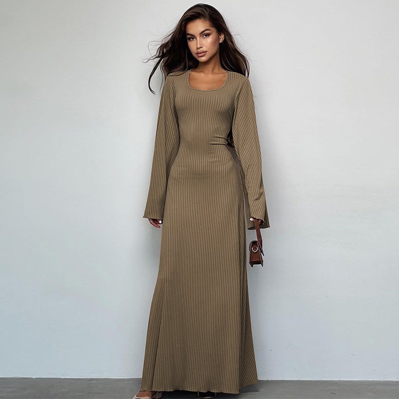 Women's Dresses Autumn Fashion Casual Loose U-neck Back Strap Long Sleeved Dress for Women