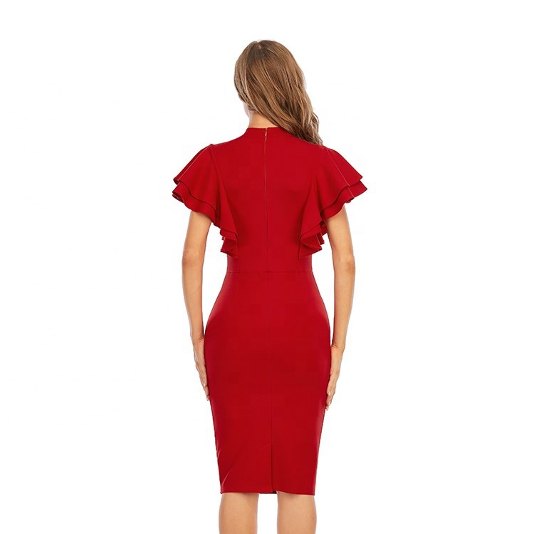 High Quality Vestido Rojo Usa Vendors Red Apparels Career Fall Clothing Women Winter Retro Red Rib Knitted Dress