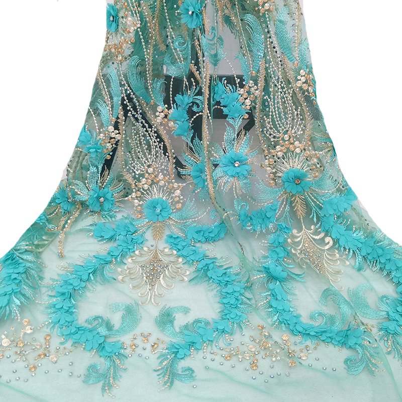 Wholesale Low MOQ Luxury Floral Beaded Lace Fabric Heavy 3D Lace Embroidery Lace Fabric