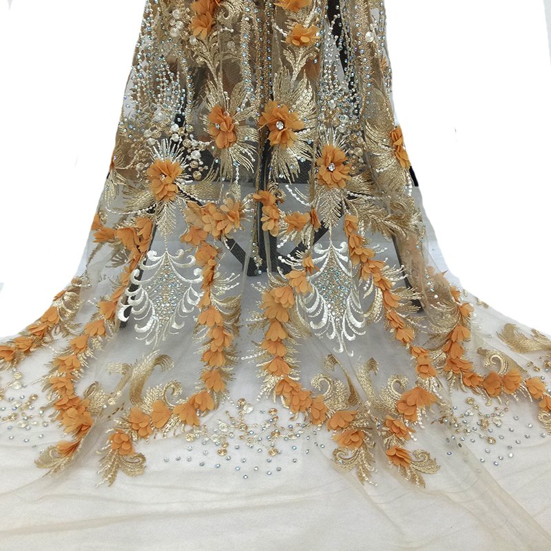 Wholesale Low MOQ Luxury Floral Beaded Lace Fabric Heavy 3D Lace Embroidery Lace Fabric