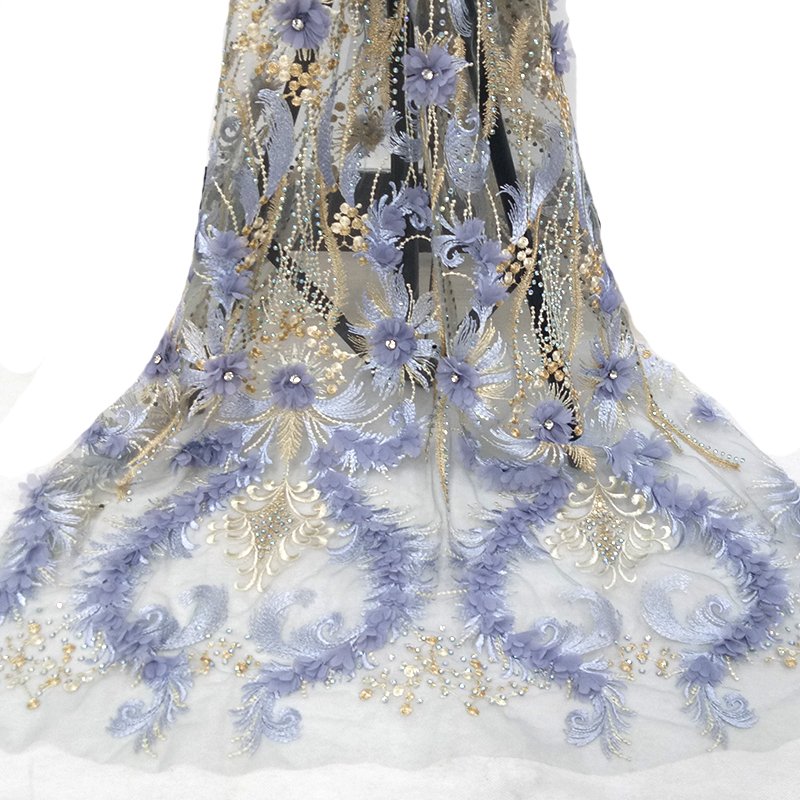 Wholesale Low MOQ Luxury Floral Beaded Lace Fabric Heavy 3D Lace Embroidery Lace Fabric
