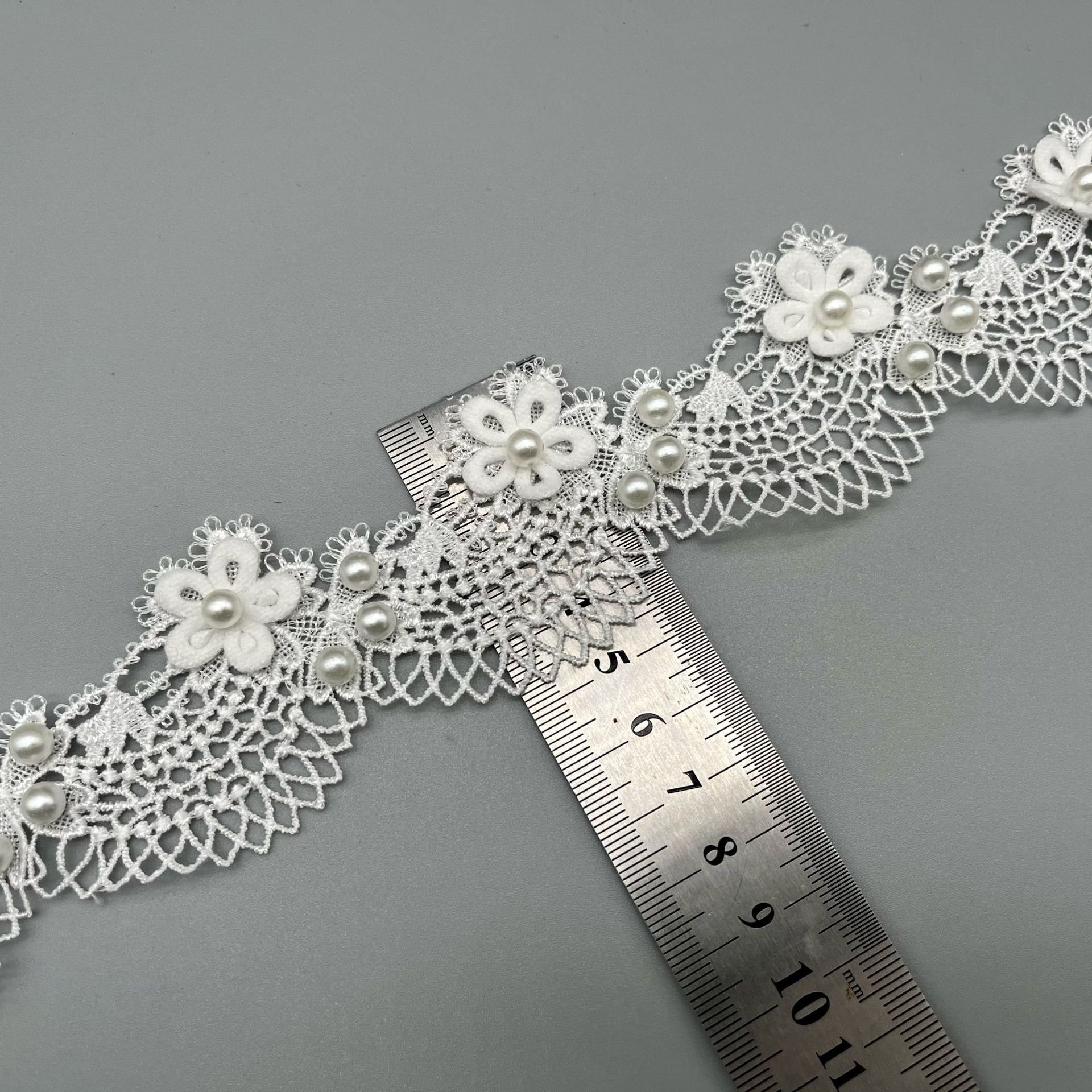 Polyester Water Soluble fluffy Flower lace Ribbon Exquisite 3 d handmade beaded pearl lace trim bar code for kids wedding dress