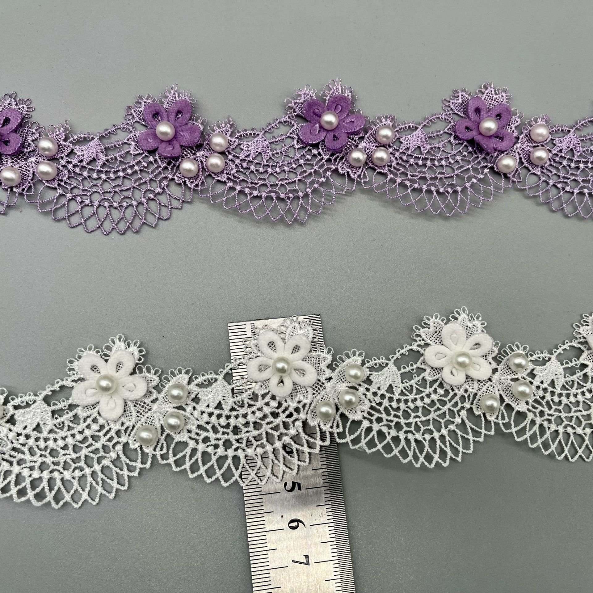 Polyester Water Soluble fluffy Flower lace Ribbon Exquisite 3 d handmade beaded pearl lace trim bar code for kids wedding dress