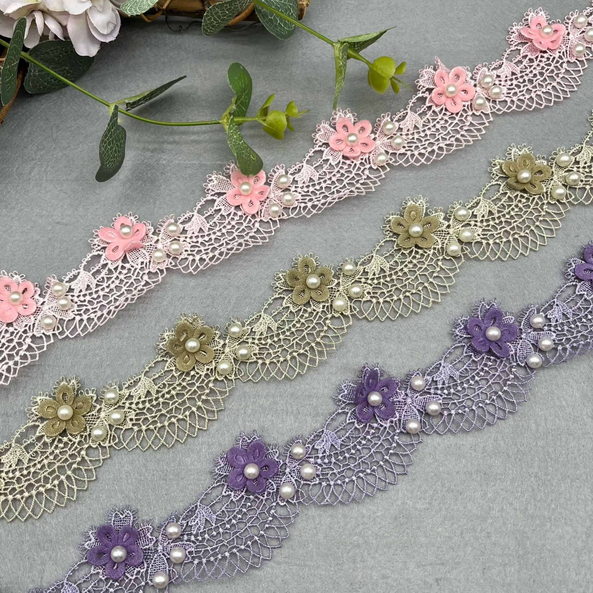 Polyester Water Soluble fluffy Flower lace Ribbon Exquisite 3 d handmade beaded pearl lace trim bar code for kids wedding dress