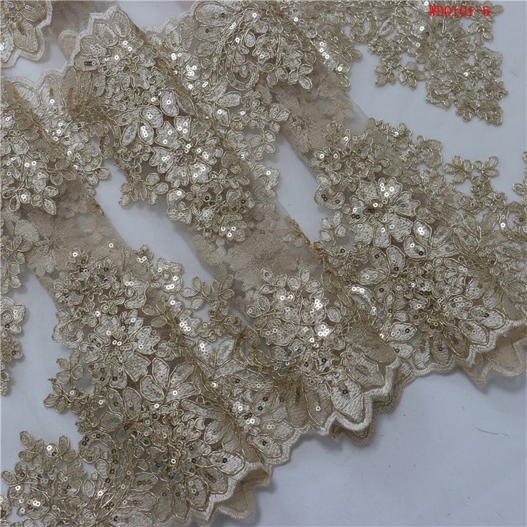 New Trend Cord embroidery fabric Gold sequin french Tube Glass Beads shining sequins fabric for wedding dress veil