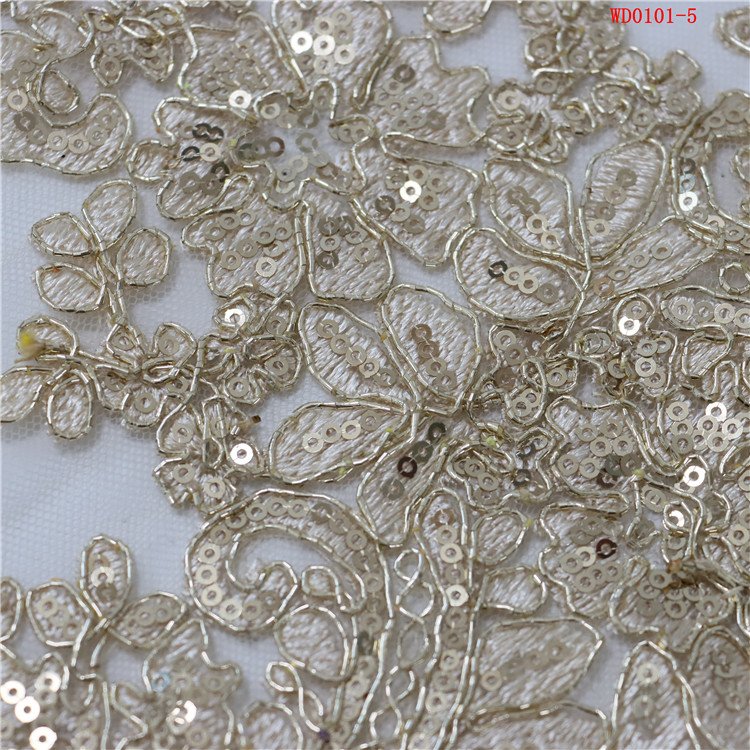 New Trend Cord embroidery fabric Gold sequin french Tube Glass Beads shining sequins fabric for wedding dress veil