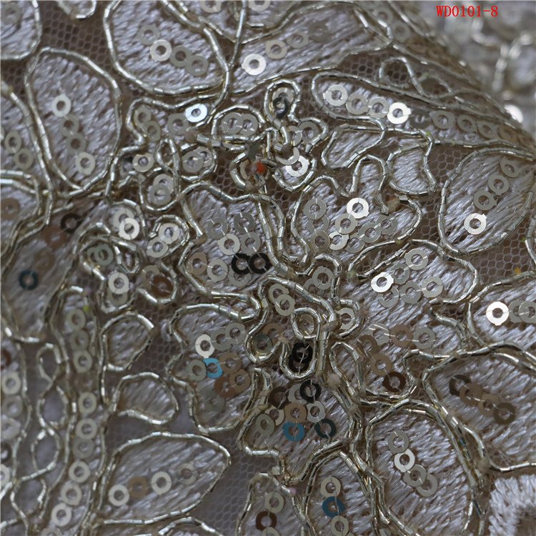 New Trend Cord embroidery fabric Gold sequin french Tube Glass Beads shining sequins fabric for wedding dress veil