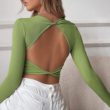 Elegant Backless Twist-Knot Ribbed Long Sleeve Crop Top - Solid Color, Ribbed slim fit Top 2024