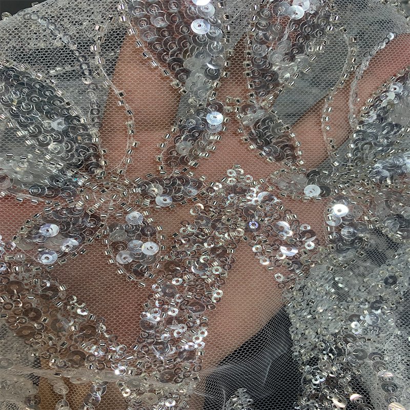 Fashionable and beautiful glittering round hole crystal sequin mesh bead tube lace wedding dress embroidered prom dress fabric