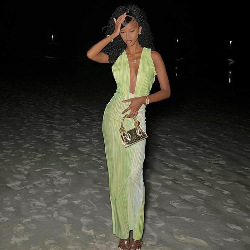 OLAF 2024 Modern Rib Knit Sleeveless Long Printed Deep V Neck Backless Bandage Sexy Ladies Maxi Dress