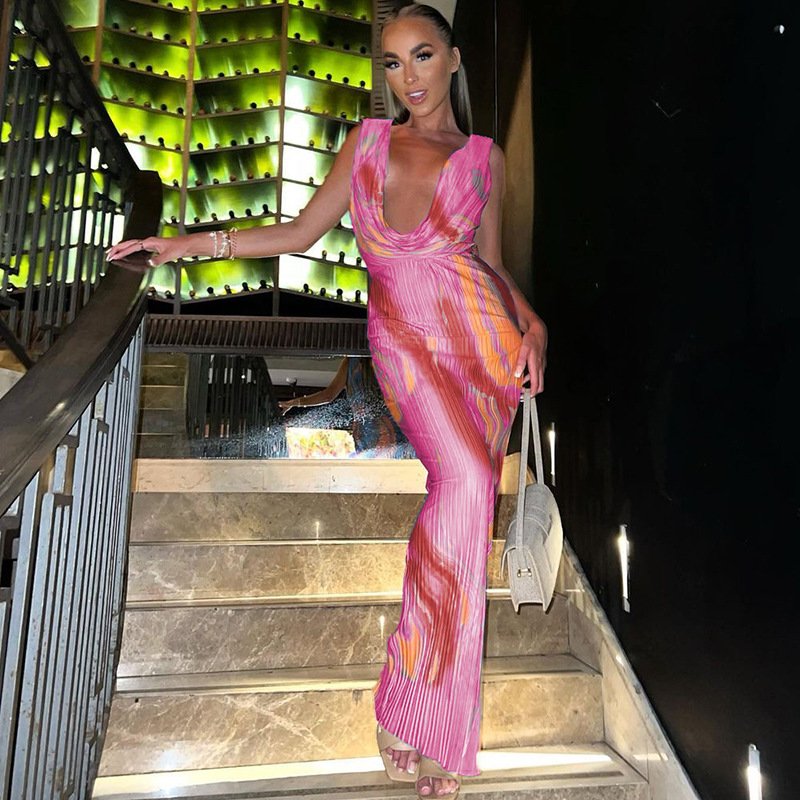 OLAF 2024 Modern Rib Knit Sleeveless Long Printed Deep V Neck Backless Bandage Sexy Ladies Maxi Dress