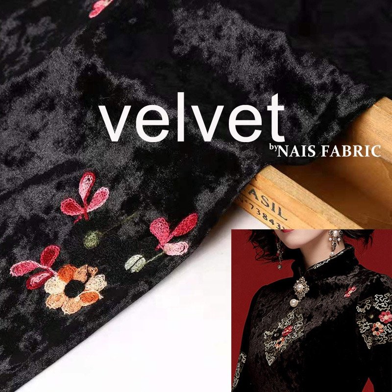 new fabric black pattern thick winter polyester embroidery sequin floral velvet fabric for clothing