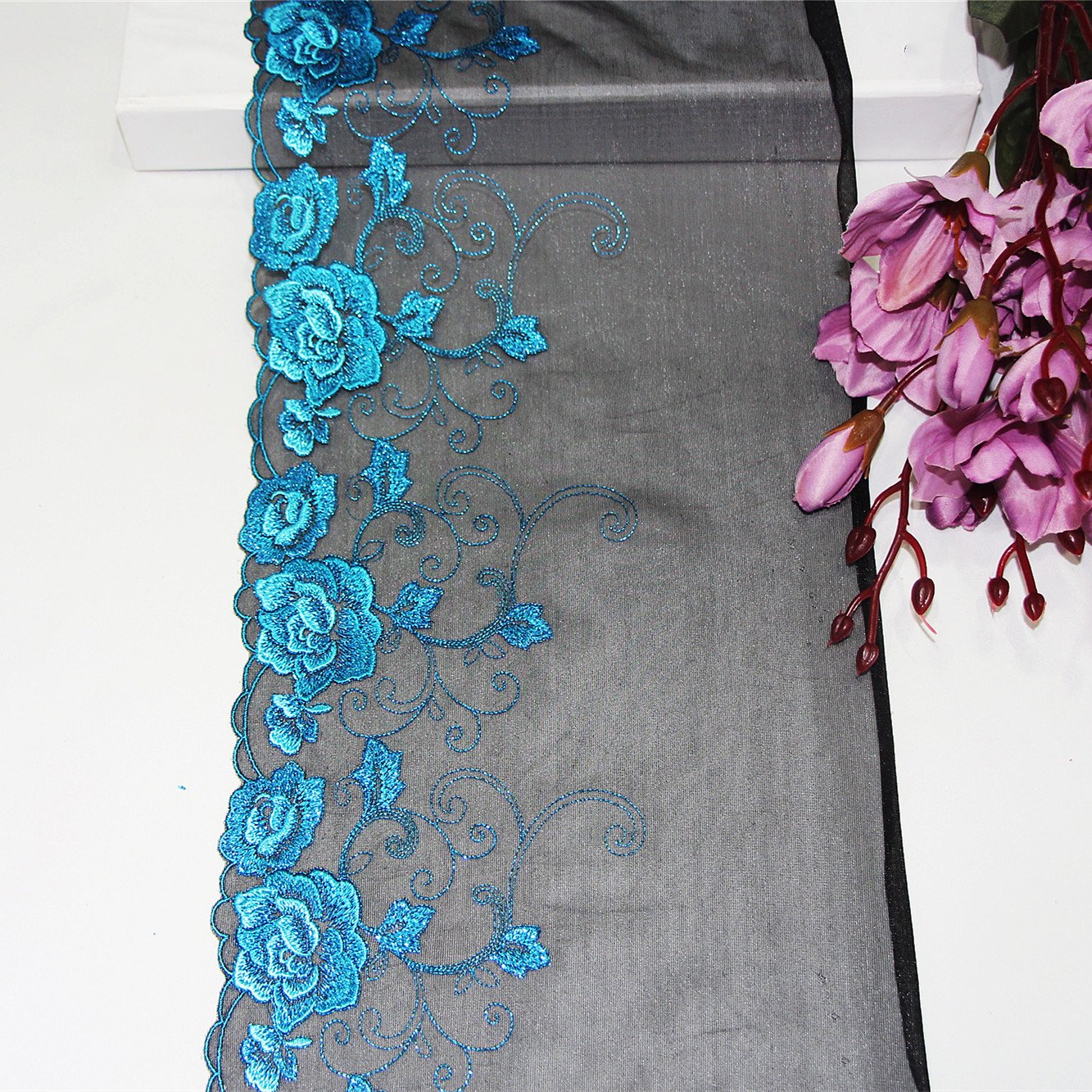 New Arrival Blue Embroidery Lace Trim Sparkling Flower Embroidered Border Lace For Lingerie