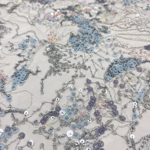 High quality luxury blue embroidery 3D floral sequin full pattern tulle lace fabrics for dress