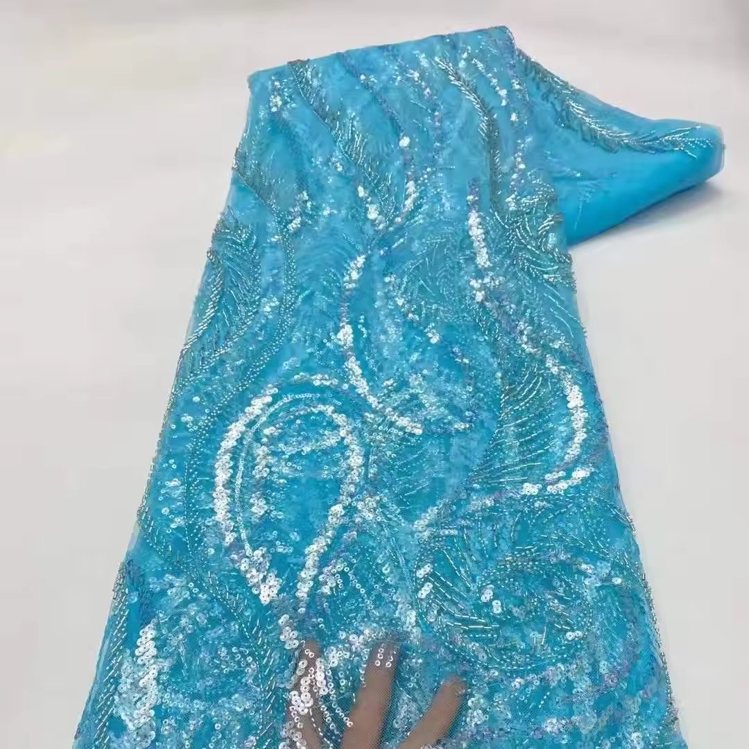 Wholesale luxury design embroidery beads lace fabric with crystal pearl embroidery fabric for party dress