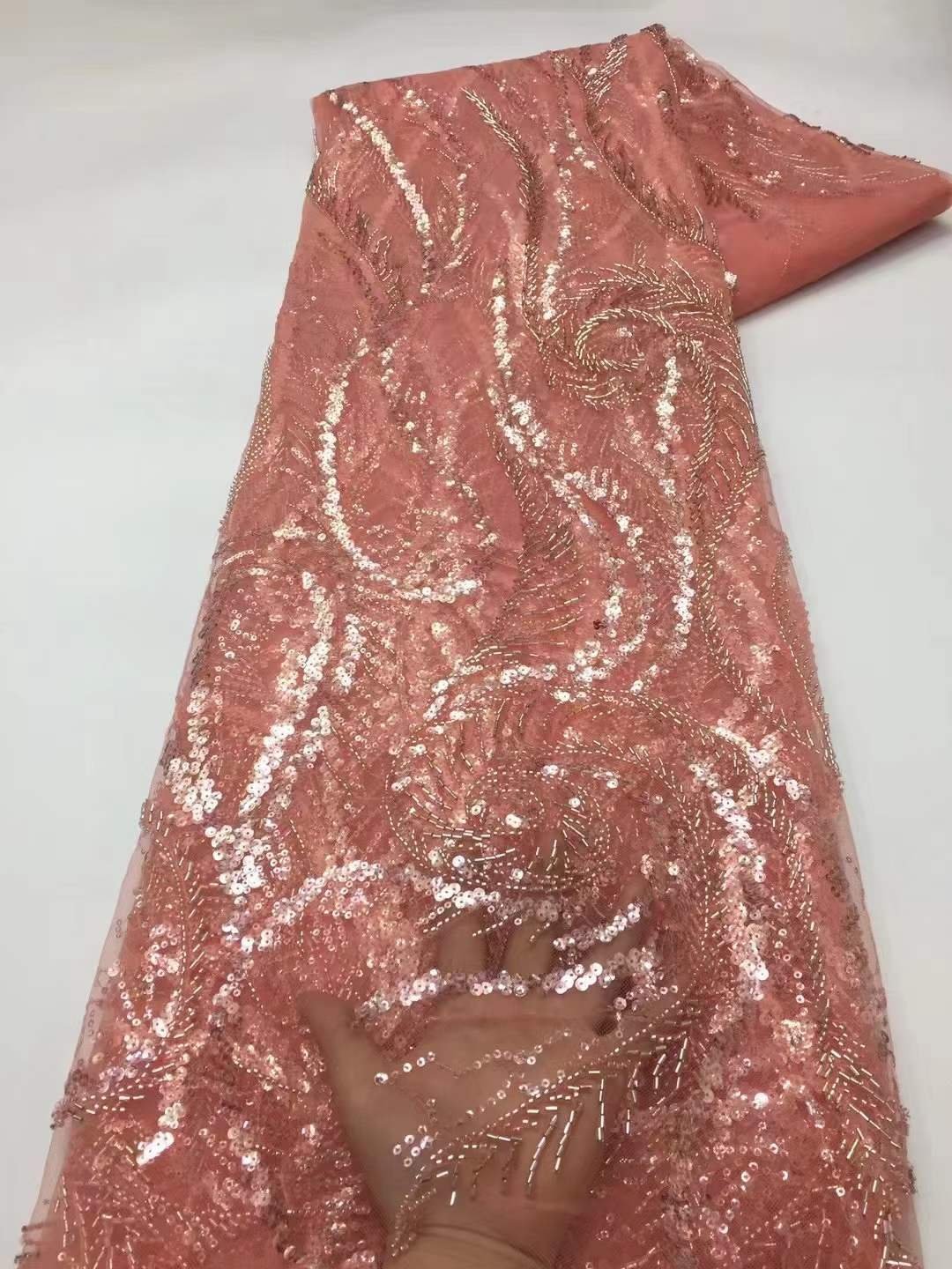 Wholesale luxury design embroidery beads lace fabric with crystal pearl embroidery fabric for party dress