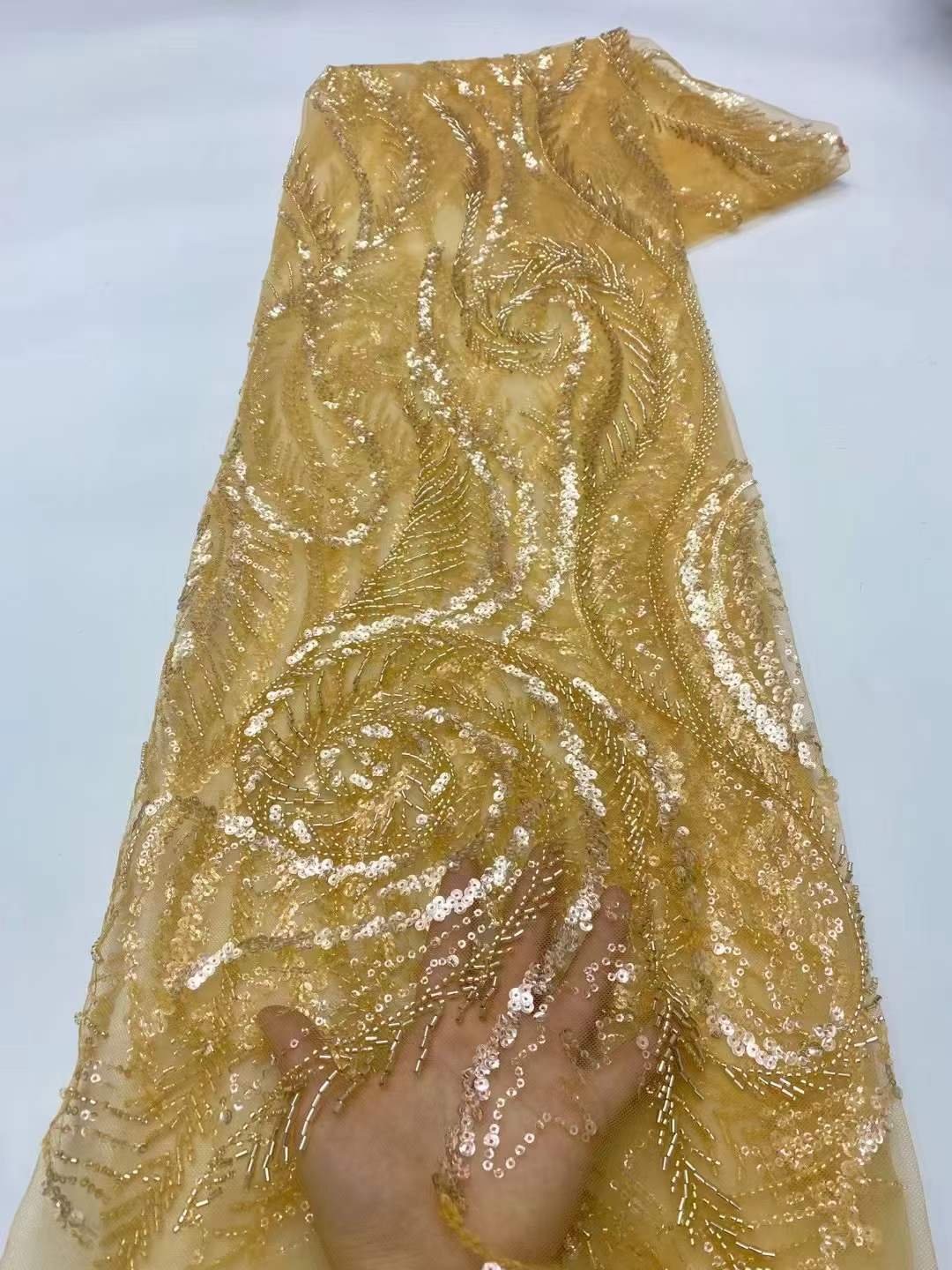 Wholesale luxury design embroidery beads lace fabric with crystal pearl embroidery fabric for party dress