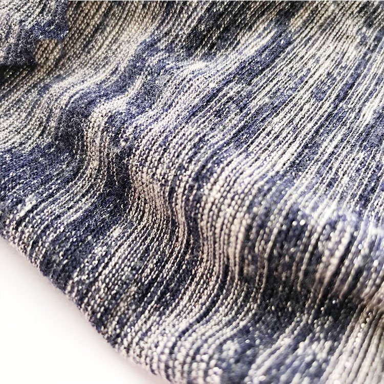 New Design Hot Selling Viscose Polyester Stretch Hacci Knitting Melange Yarn Dyed Gold Lurex Stripes Fabric Metallic