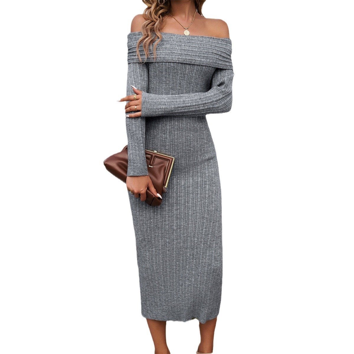 Women's Fall Dresses 2024 Sexy Off Shoulder Long Sleeve Bodycon Ribbed Knit Club Wedding Pencil Midi Dress