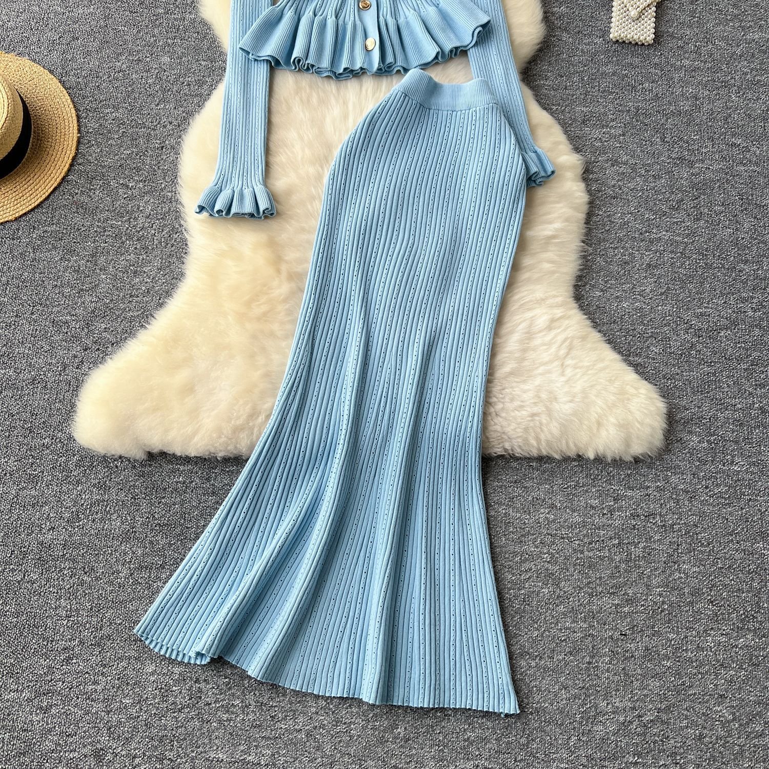 2024 Custom Ladies' Ribbed Knit Turtleneck Sweater Two-Piece Skirt Set Long Sleeve Cotton Women's Loose Winter Outfit Summer