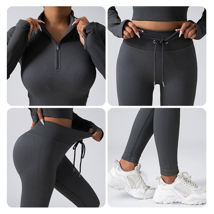 Ins Hot Boee Ribbed Womens Gym Wear Set Seamless Yoga Set Gym Clothing Zipper Long Sleeve Top Drawstring High Waist Legging Silm