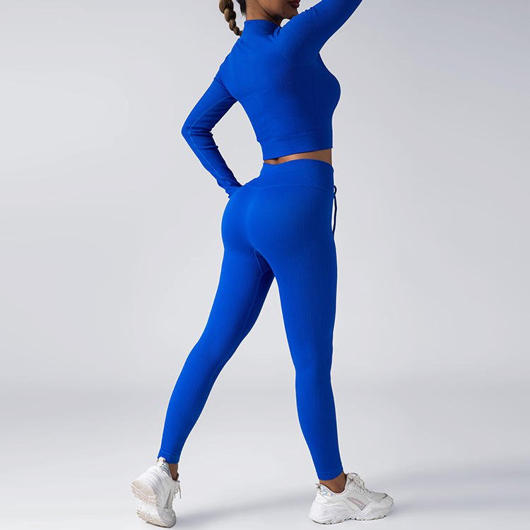 Ins Hot Boee Ribbed Womens Gym Wear Set Seamless Yoga Set Gym Clothing Zipper Long Sleeve Top Drawstring High Waist Legging Silm