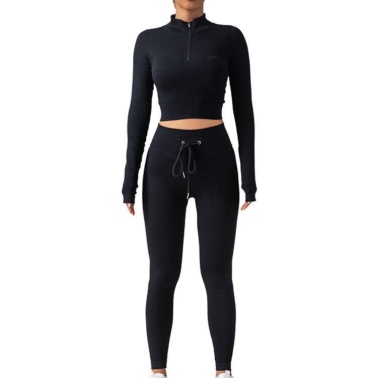 Ins Hot Boee Ribbed Womens Gym Wear Set Seamless Yoga Set Gym Clothing Zipper Long Sleeve Top Drawstring High Waist Legging Silm
