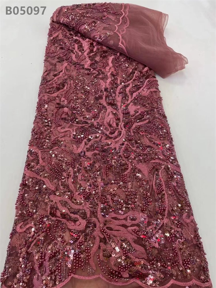 Fuchsia Pink Nigerian Lace Fabric Sequins Embroidery African Tulle Beaded Lace Bridal Fabric For Dress