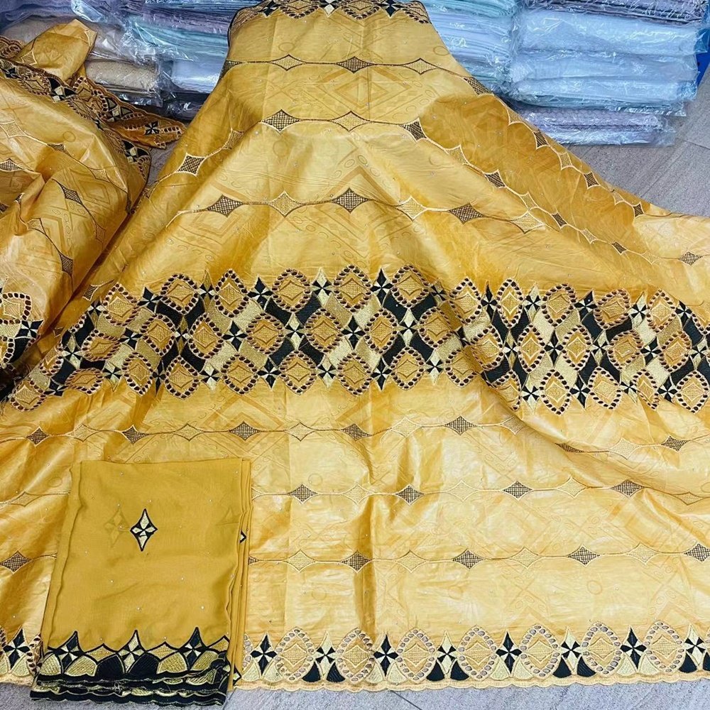African Bazin Riche Fabric Dubai Embroidery French Yellow Color for Party