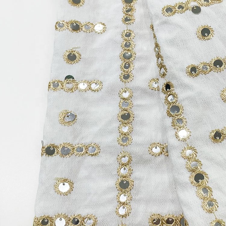 Gold Sequin Fabric Special Design 15% Nylon 85% Rayon Custom Embroidery Fabric For Women Garments