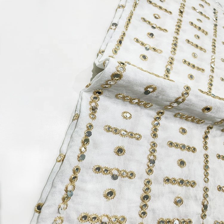 Gold Sequin Fabric Special Design 15% Nylon 85% Rayon Custom Embroidery Fabric For Women Garments