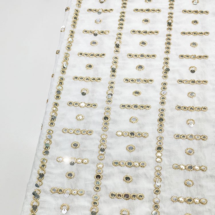Gold Sequin Fabric Special Design 15% Nylon 85% Rayon Custom Embroidery Fabric For Women Garments