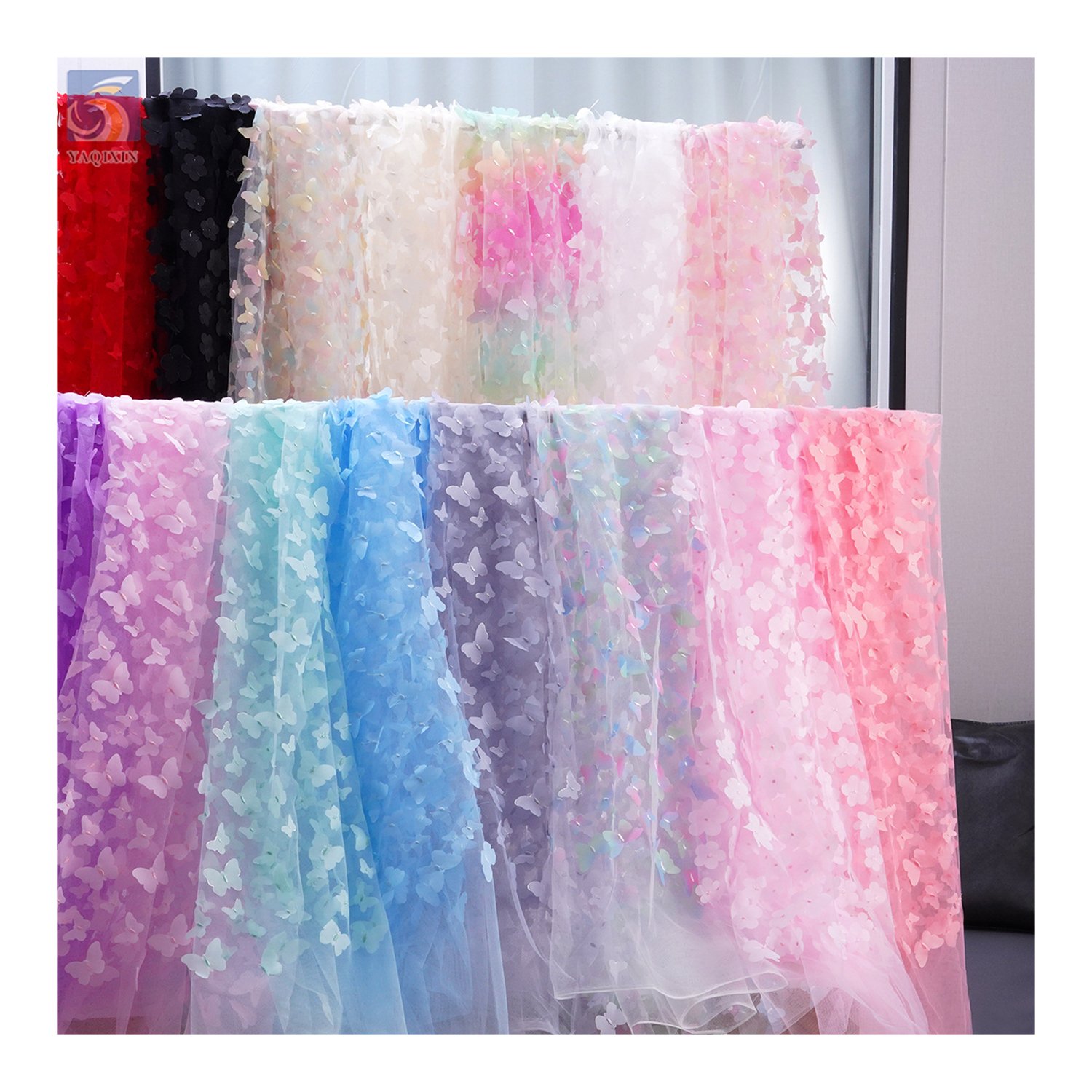 Wholesale ready made 3D butterfly embroidery tulle lace fabric with advantageous price for girls clothing with zero MOQ