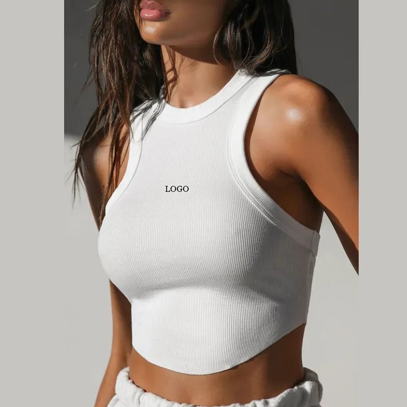 Y2K Women Gym Wear Fitness Vest T-Shirt Featuring An Exaggerated Crew Neckline And Curved Hem Body Tank Ribbed Crop Tank Tops
