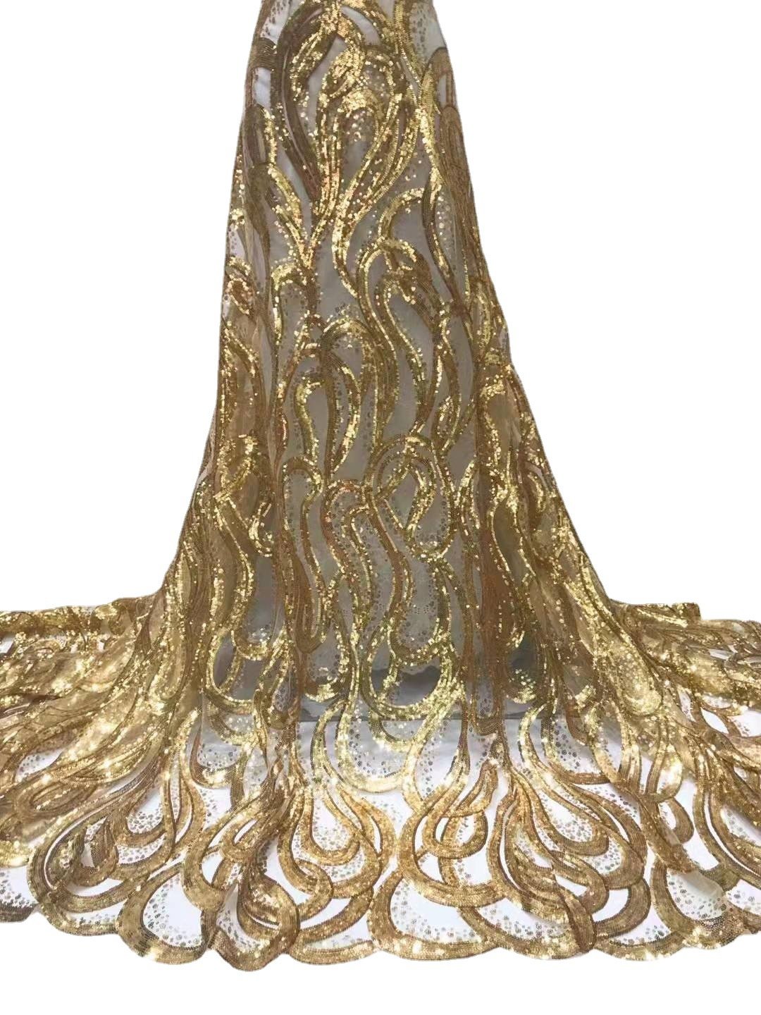 Temu hot sale gold sequin fabric lace Wholesale Stripes african lace fabric senegal dress for wedding