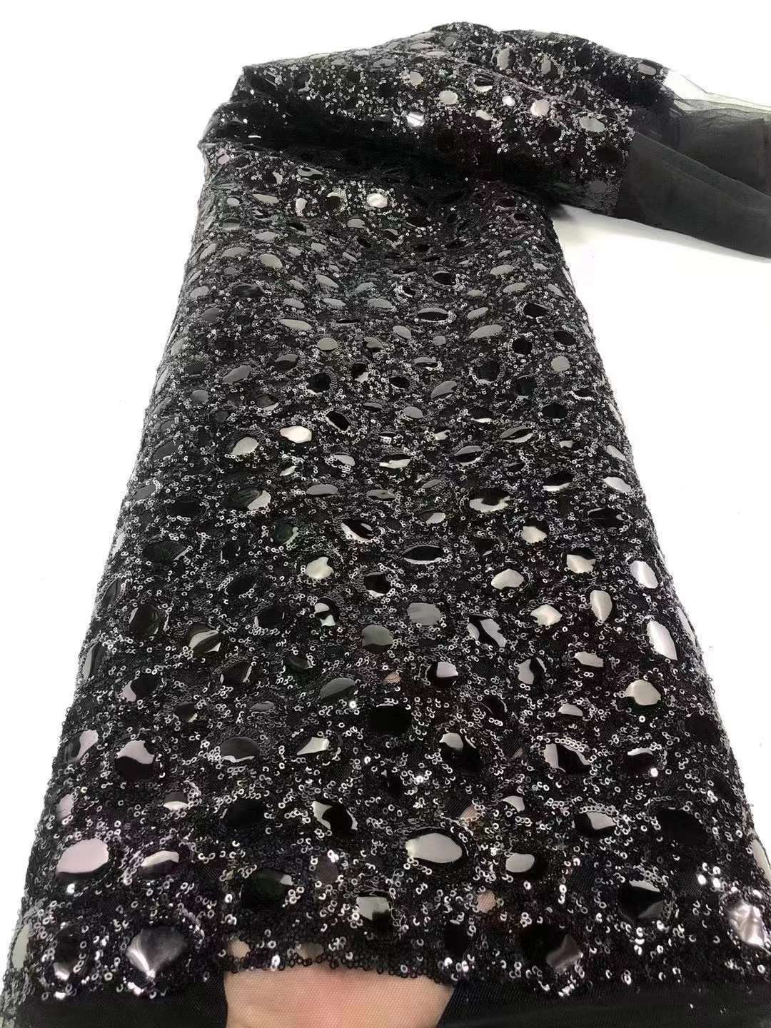 Wholesale Heavy Beaded Embroidery Lace Fabric Beads Sequins Wedding Fabric African Tulle Embroidered Lace