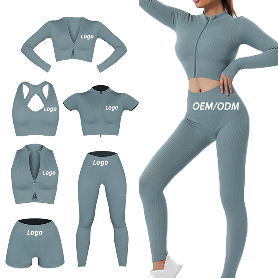 Women 6 Piece Acid Wash Yoga Sets Ribbed Seamless Knitted Workout Sport Running Clothing Butt Lift Gym Leggings Athletic Wear