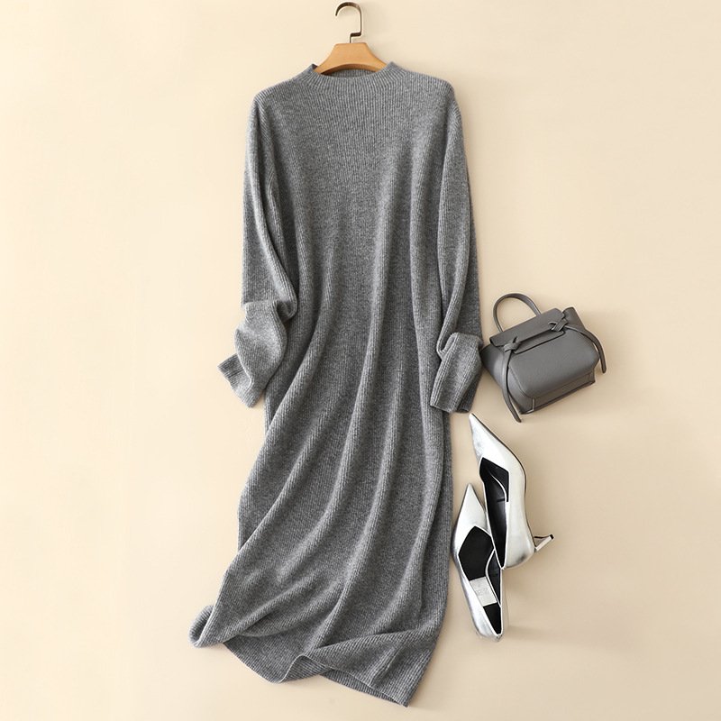 Women Elegant V Neck Rib Knit Long Cashmre Sweater Dress