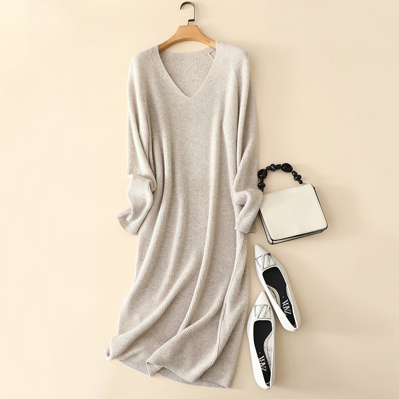 Women Elegant V Neck Rib Knit Long Cashmre Sweater Dress
