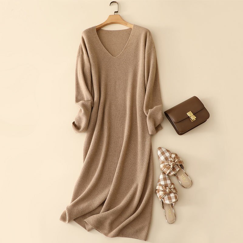 Women Elegant V Neck Rib Knit Long Cashmre Sweater Dress