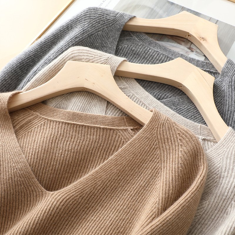 Women Elegant V Neck Rib Knit Long Cashmre Sweater Dress