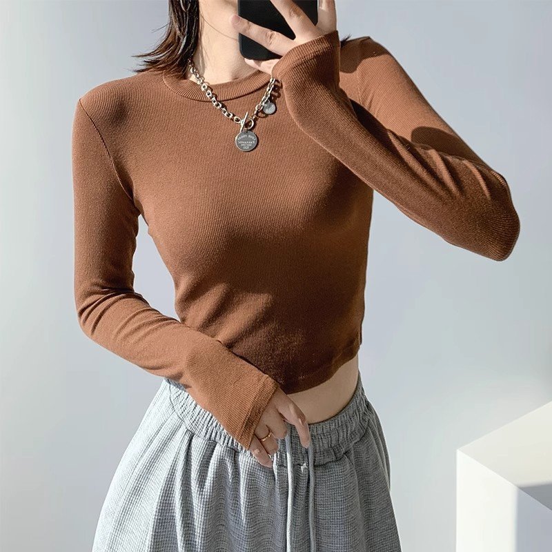 High Stretch Women's Ribbed Long Sleeve Crop Tops Tshirts