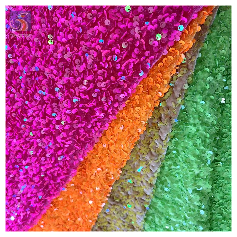 Multi-color 2024 African Velvet Sequined Embroidery Lace Fabric Luxury Stretch 5mm Shiny Sequin Velvet Fabric